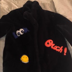 Black (super soft) Faux Fur Coat, Trendy Patches